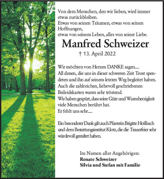 Traueranzeige von Manfred Schweizer von vrm-trauer Wormser Zeitung