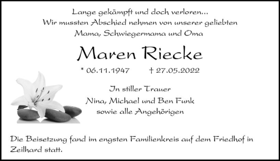 Traueranzeige von Maren Riecke von vrm-trauer Darmstädter Echo
