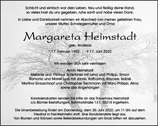Traueranzeige von Margareta Heimstadt von vrm-trauer Allgemeine  Zeitung Ingelheim-Bingen