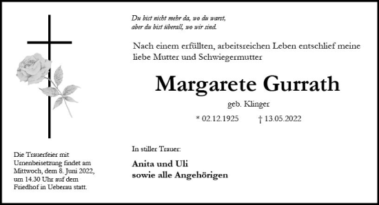 Traueranzeige von Margarete Gurrath von vrm-trauer Darmstädter Echo