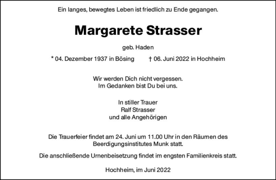 Traueranzeige von Margarete Strasser von vrm-trauer Hochheimer Zeitung