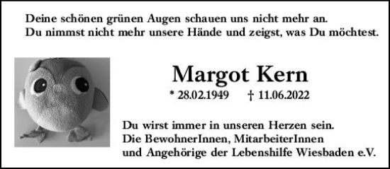 Traueranzeige von Margot Kern von vrm-trauer Wiesbadener Kurier