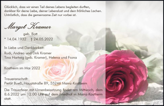 Traueranzeige von Margot Kramer von vrm-trauer AZ Mainz
