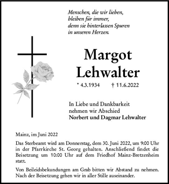 Traueranzeige von Margot Lehwalter von vrm-trauer AZ Mainz