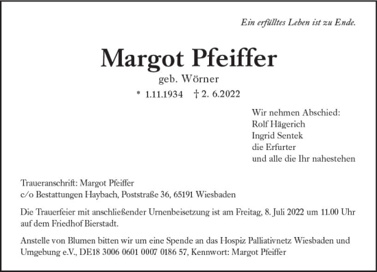 Traueranzeige von Margot Pfeiffer von vrm-trauer Wiesbadener Kurier