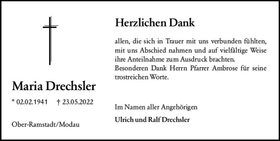 Traueranzeige von Maria Drechsler von vrm-trauer Darmstädter Echo