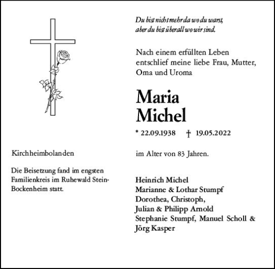 Traueranzeige von Maria Michel von vrm-trauer Allgemeine Zeitung Alzey