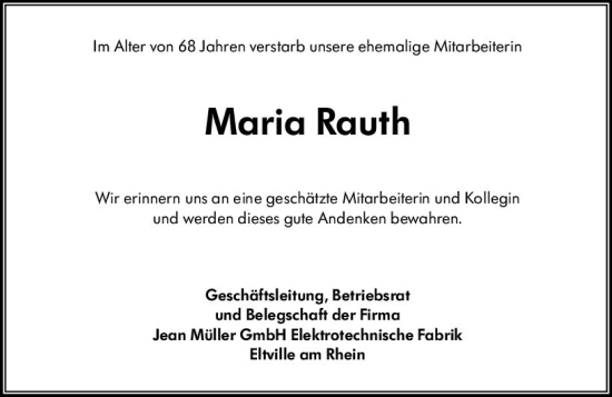 Traueranzeige von Maria Rauth von vrm-trauer Rheingau