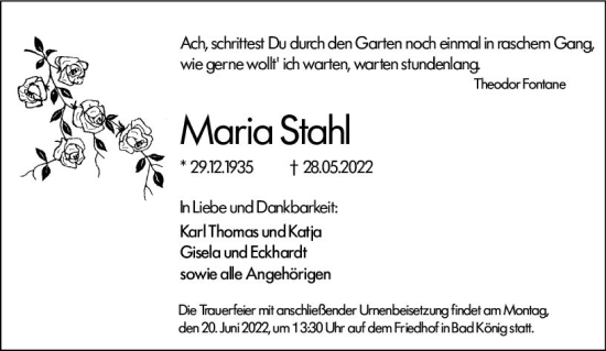 Traueranzeige von Maria Stahl von vrm-trauer Odenwälder Echo