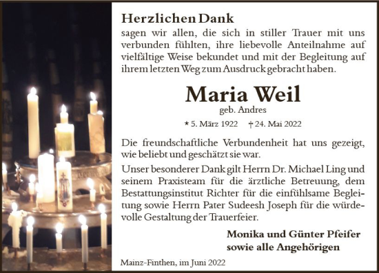 Traueranzeige von Maria Weil von vrm-trauer AZ Mainz
