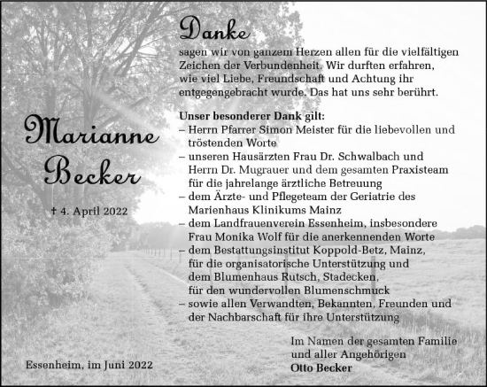 Traueranzeige von Marianne Becker von vrm-trauer AZ Mainz