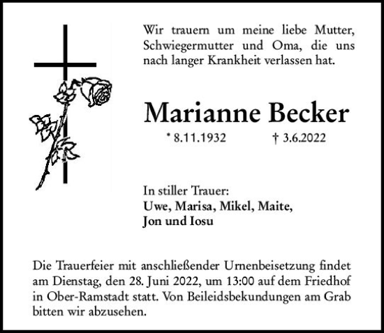 Traueranzeige von Marianne Becker von vrm-trauer Darmstädter Echo
