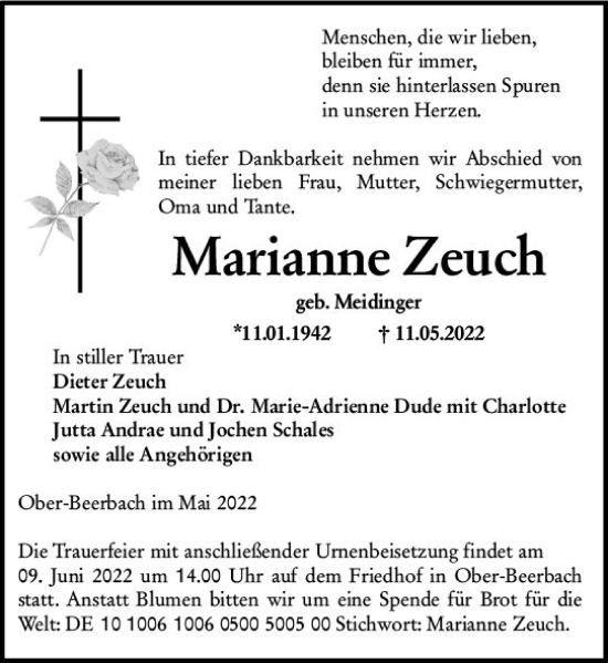Traueranzeige von Marianne Zeuch von vrm-trauer Darmstädter Echo