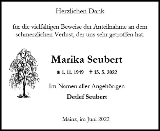 Traueranzeige von Marika Seubert von vrm-trauer AZ Mainz