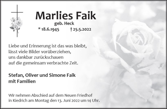 Traueranzeige von Marlies Faik von vrm-trauer Rheingau
