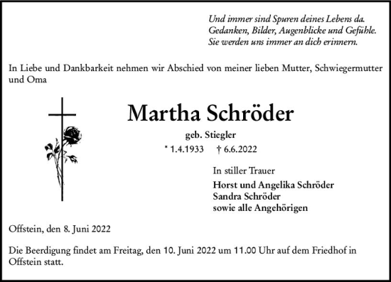 Traueranzeige von Martha Schröder von vrm-trauer Wormser Zeitung