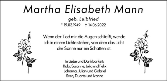 Traueranzeige von Martha Elisabeth Mann von vrm-trauer Darmstädter Echo