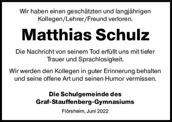 Traueranzeige von Matthias Schulz von vrm-trauer Rüsselsheimer Echo / MainSpitze