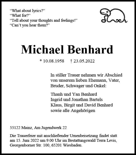 Traueranzeige von Michael Benhard von vrm-trauer AZ Mainz