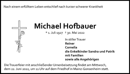 Traueranzeige von Michael Hofbauer von vrm-trauer AZ Mainz