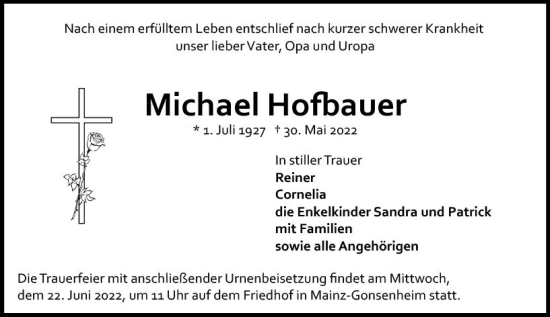 Traueranzeige von Michael Hofbauer von vrm-trauer AZ Mainz