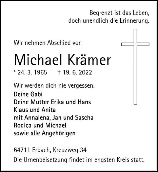 Traueranzeige von Michael Krämer von vrm-trauer Odenwälder Echo