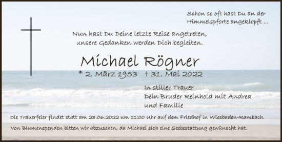 Traueranzeige von Michael Rögner von vrm-trauer Wiesbadener Kurier