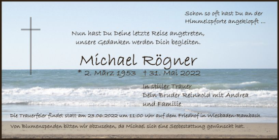 Traueranzeige von Michael Rögner von vrm-trauer Wiesbadener Kurier
