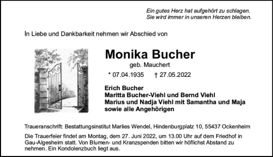 Traueranzeige von Monika Bucher von vrm-trauer Allgemeine  Zeitung Ingelheim-Bingen