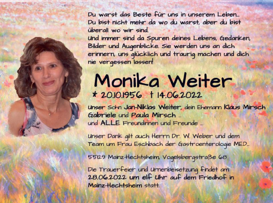 Traueranzeige von Monika Weiter von vrm-trauer AZ Mainz