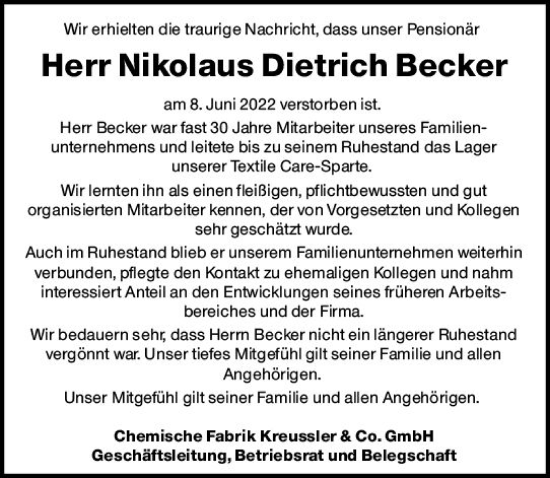 Traueranzeige von Nikolaus Dietrich Becker von vrm-trauer Wiesbadener Kurier