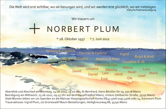 Traueranzeige von Norbert Plum von vrm-trauer AZ Mainz