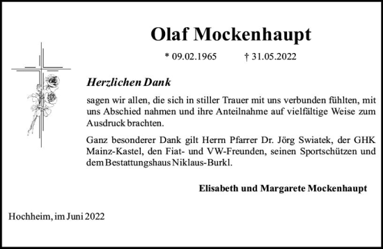 Traueranzeige von Olaf Mockenhaupt von vrm-trauer AZ Mainz