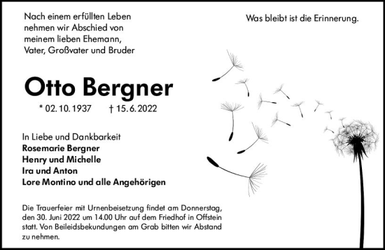 Traueranzeige von Otto Bergner von vrm-trauer Wormser Zeitung