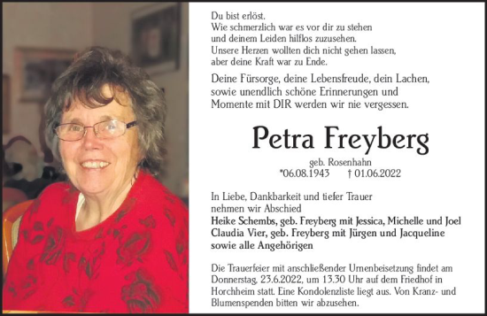 Traueranzeige von Petra Freyberg von vrm-trauer Wormser Zeitung