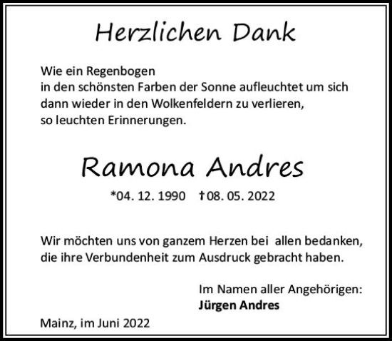 Traueranzeige von Ramona Andres von vrm-trauer AZ Mainz