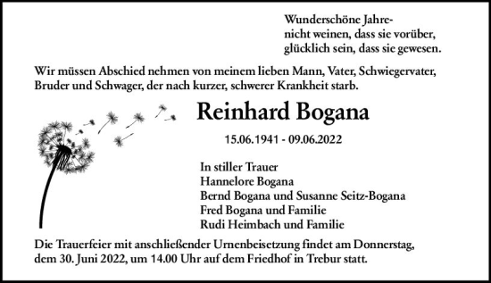 Traueranzeige von Reinhard Bogana von vrm-trauer Rüsselsheimer Echo / MainSpitze
