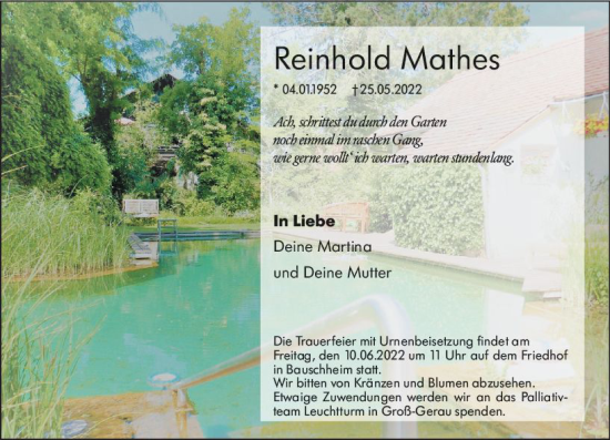 Traueranzeige von Reinhold Mathes von vrm-trauer Rüsselsheimer Echo / MainSpitze