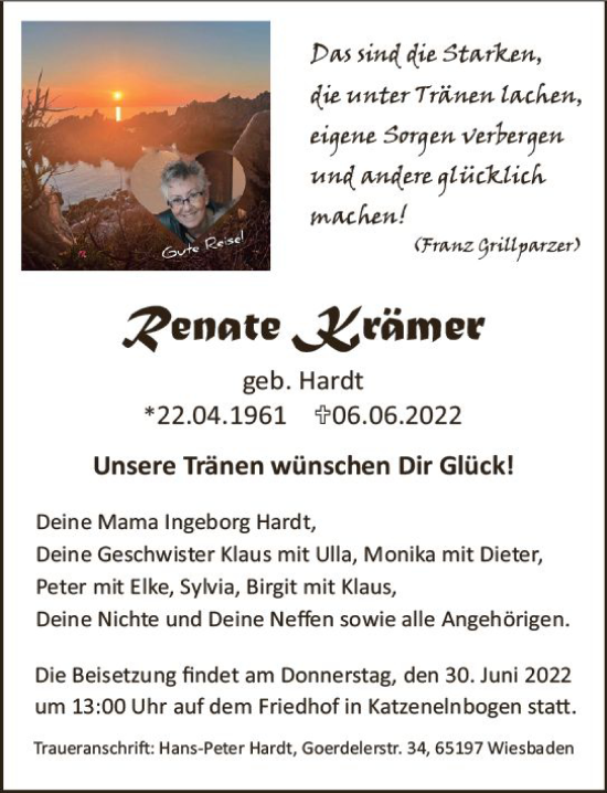 Traueranzeige von Renate Krämer von vrm-trauer Wiesbadener Kurier
