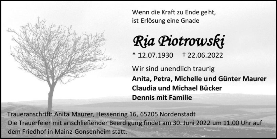 Traueranzeige von Ria Piotrowski von vrm-trauer AZ Mainz