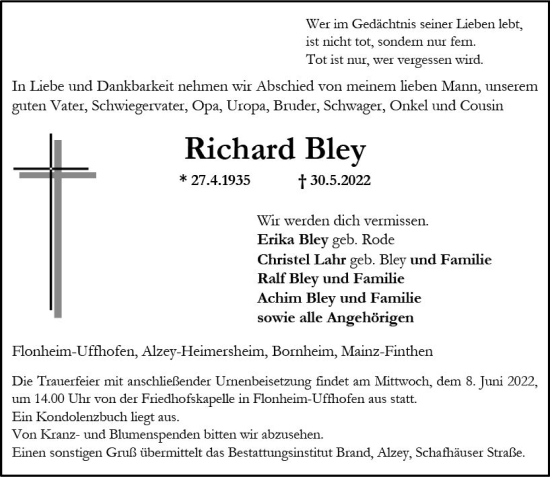 Traueranzeige von Richard Bley von vrm-trauer Allgemeine Zeitung Alzey