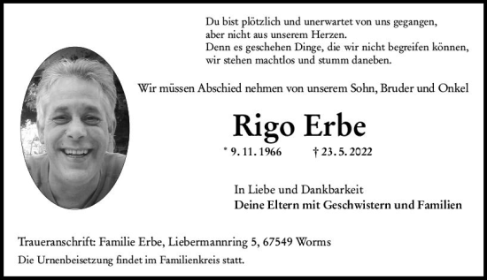 Traueranzeige von Rigo Erbe von vrm-trauer Wormser Zeitung