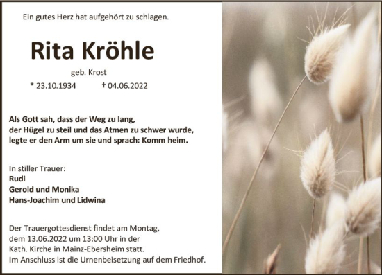 Traueranzeige von Rita Kröhle von vrm-trauer AZ Mainz