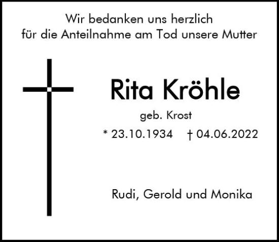 Traueranzeige von Rita Kröhle von vrm-trauer AZ Mainz