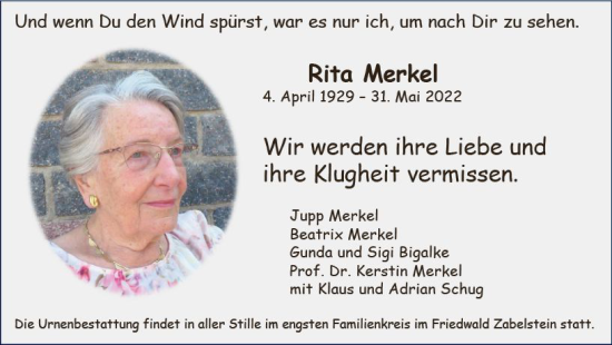 Traueranzeige von Rita Merkel von vrm-trauer Hochheimer Zeitung