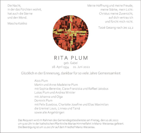 Traueranzeige von Rita Plum von vrm-trauer AZ Mainz