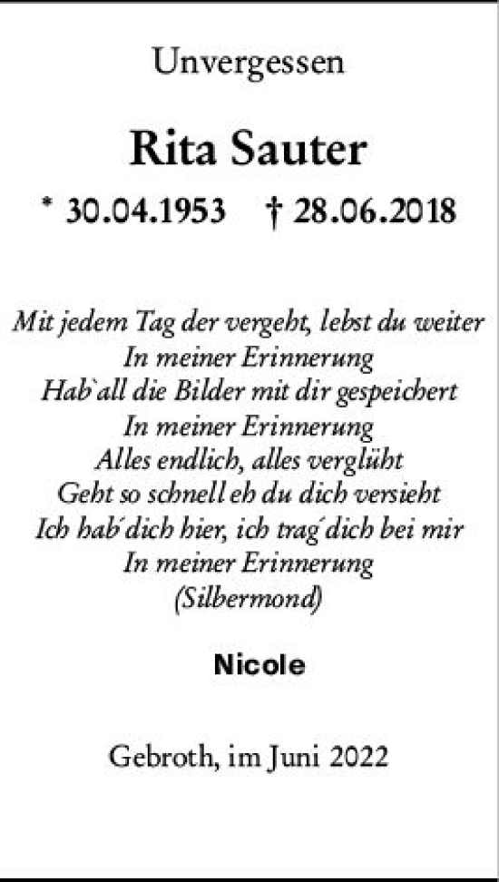 Traueranzeige von Rita Sauter von vrm-trauer Wiesbadener Kurier