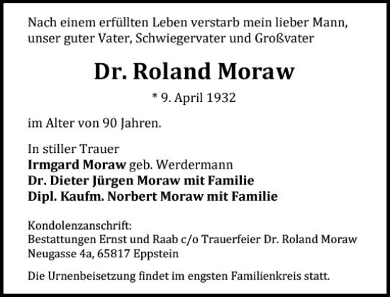 Traueranzeige von Roland Moraw von vrm-trauer Wiesbadener Kurier