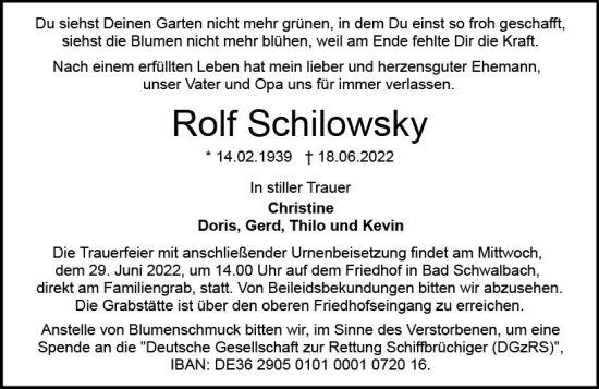 Traueranzeige von Rolf Schilowsky von vrm-trauer WK-UTA