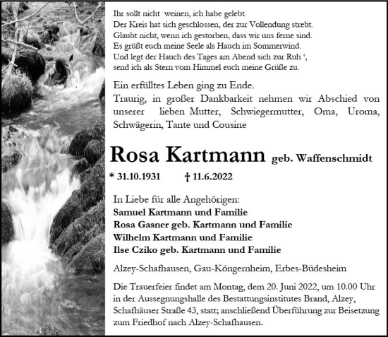 Traueranzeige von Rosa Kartmann von vrm-trauer Allgemeine Zeitung Alzey